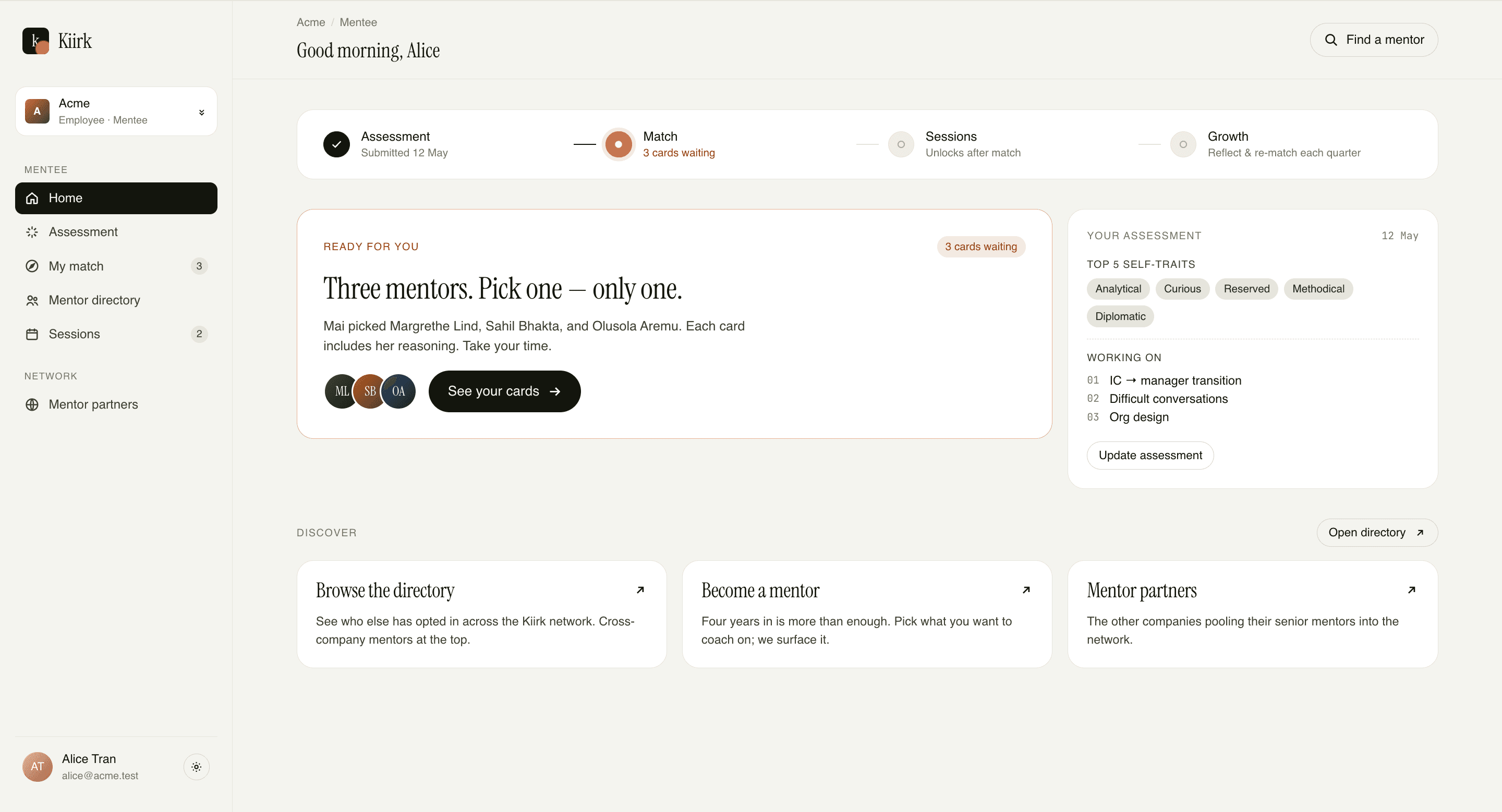 Kiirk dashboard showing assessment, match, and growth progress for an employee