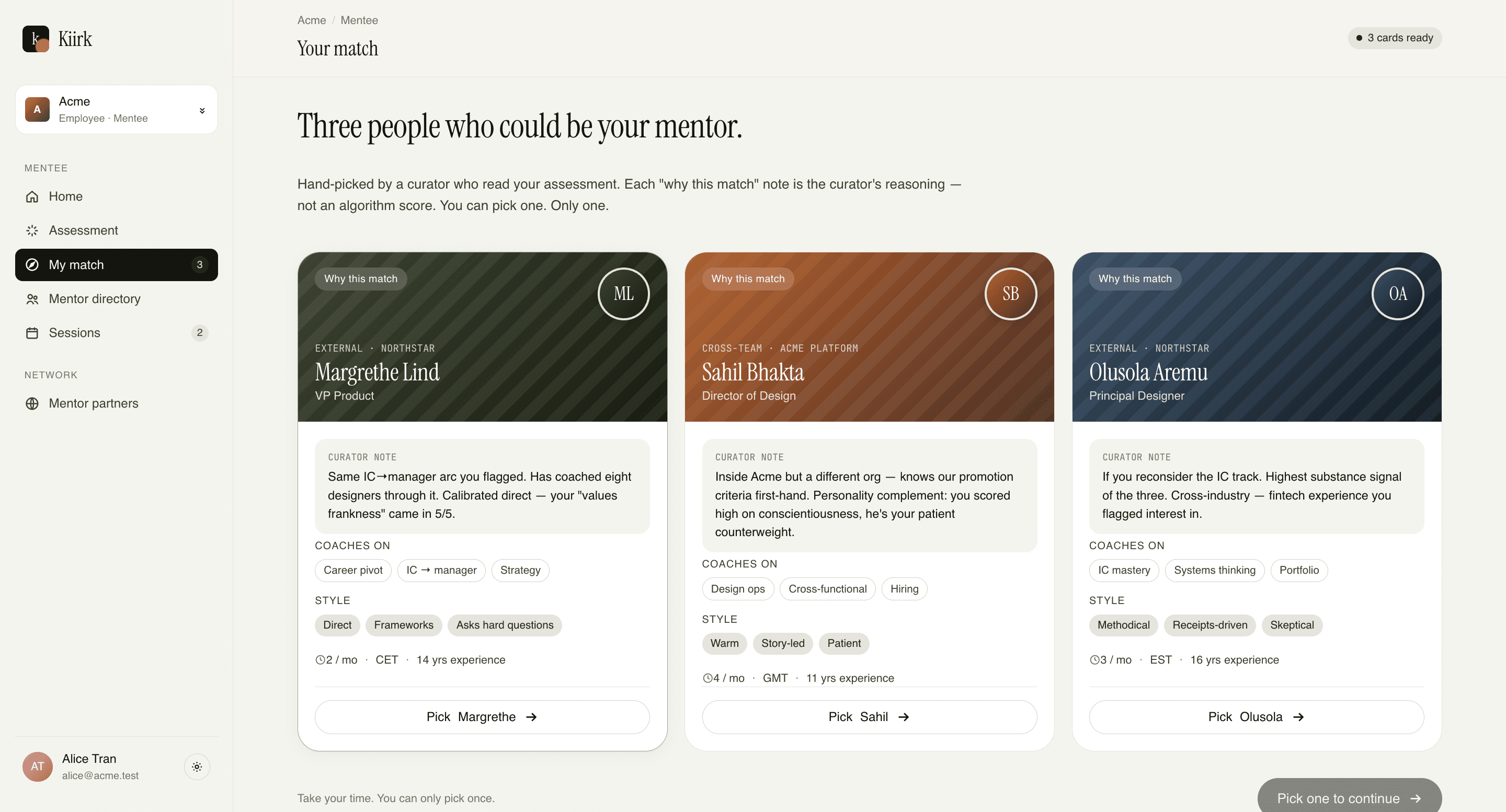 Kiirk mentor match view showing three curated cross-company mentors